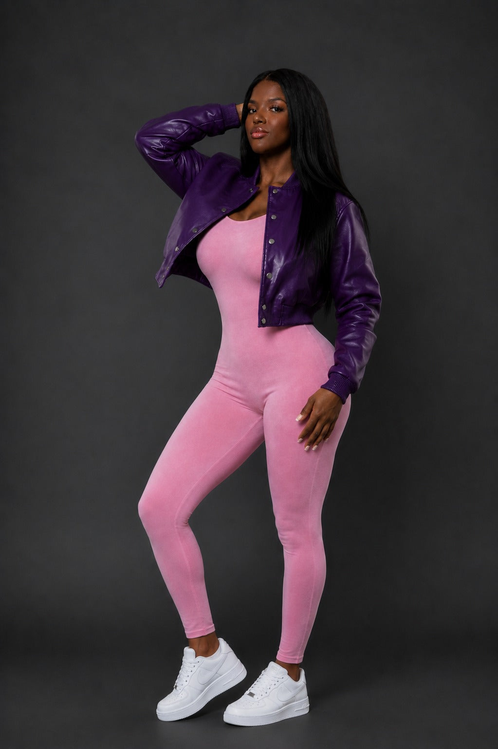 Women's Crop Leather Varsity Jacket [Purple]