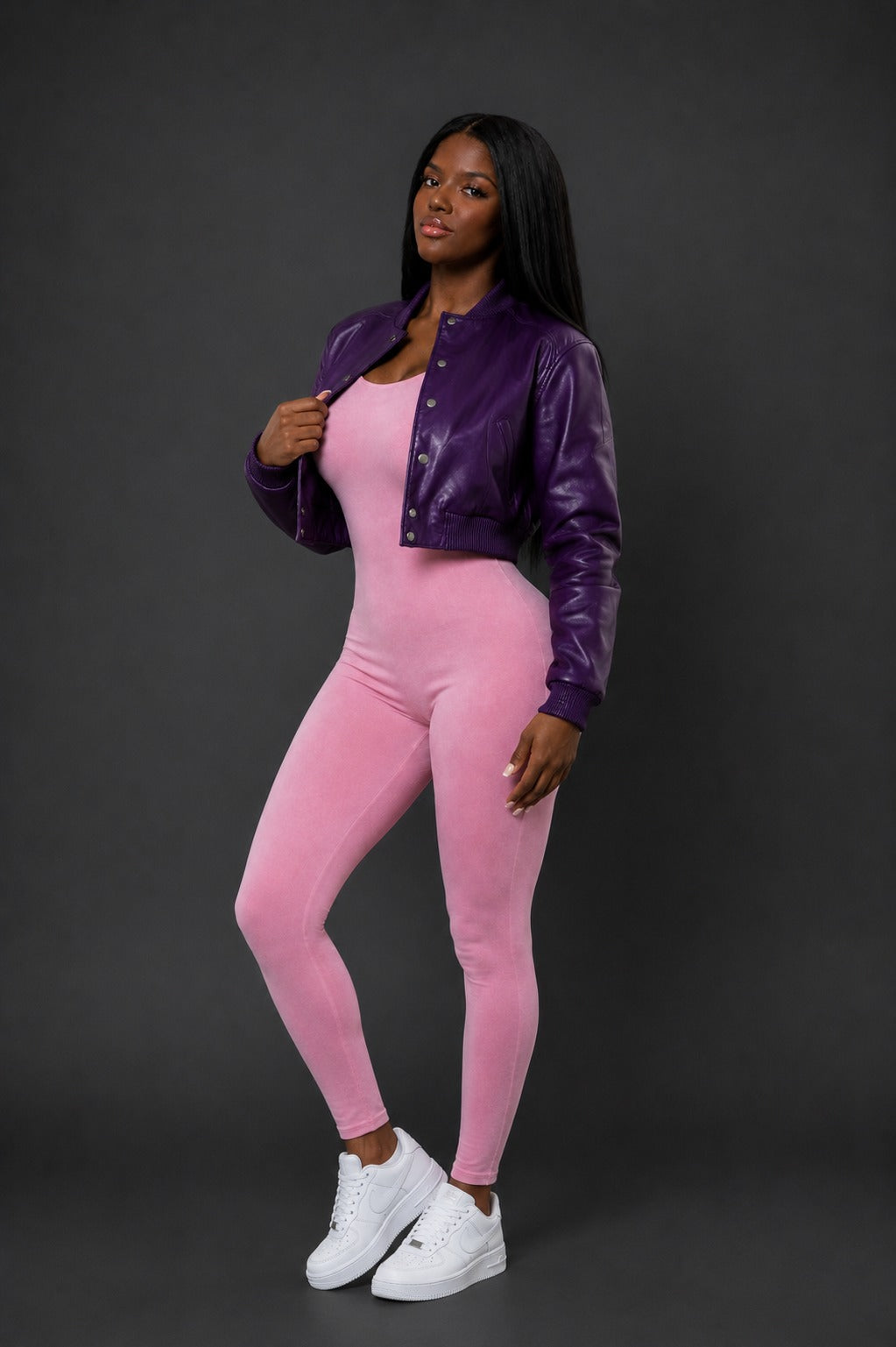 Women's Crop Leather Varsity Jacket [Purple]