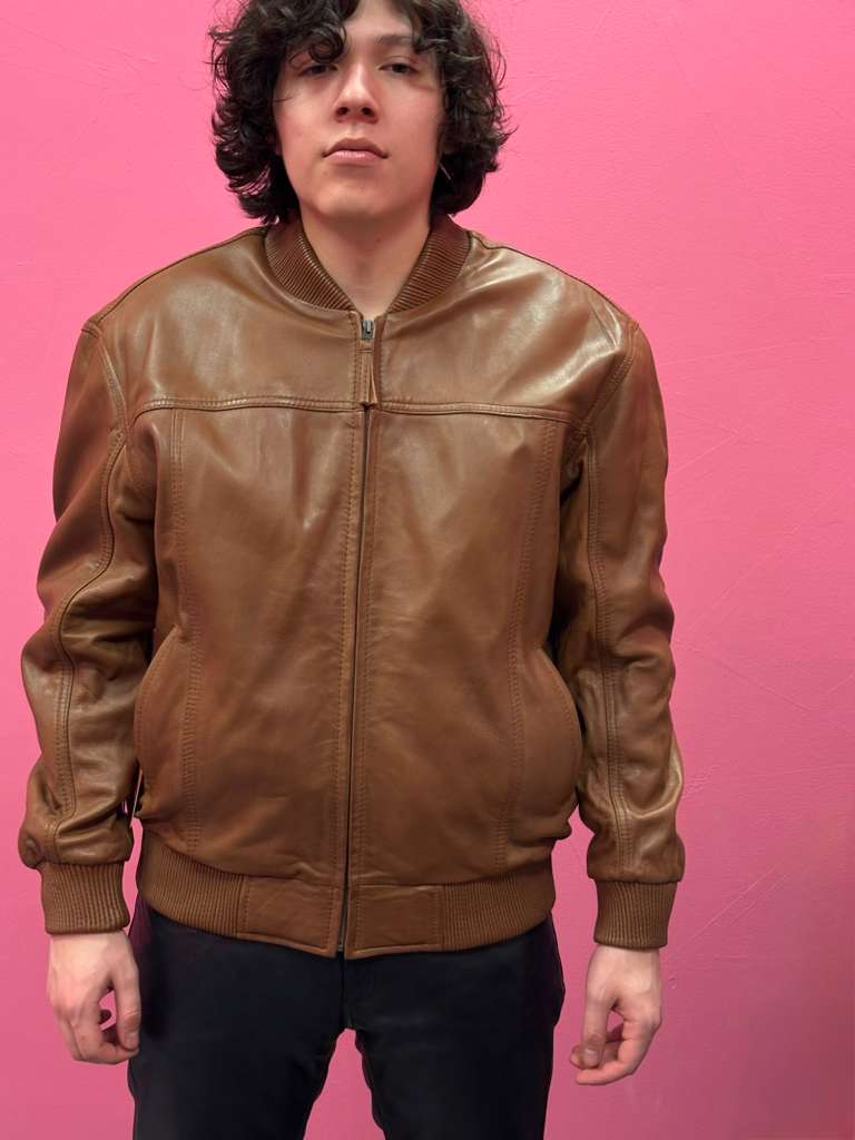 Men’s Brown Leather Baseball Bomber Jacket