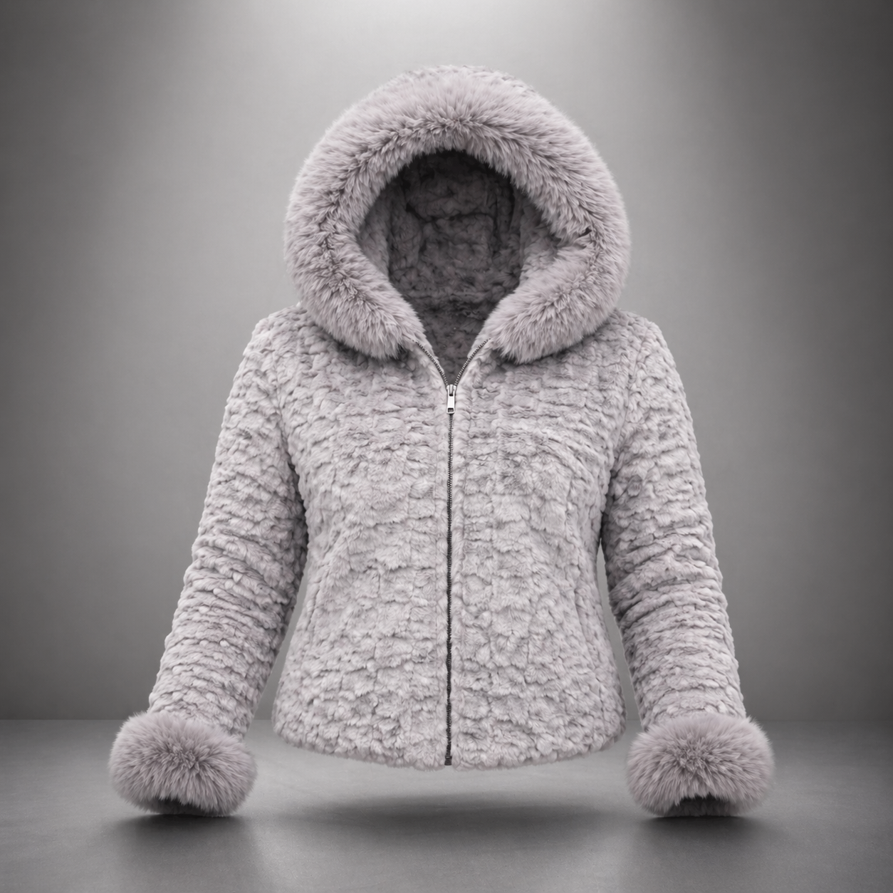 Women’s Light Grey Faux Fur Hooded Jacket