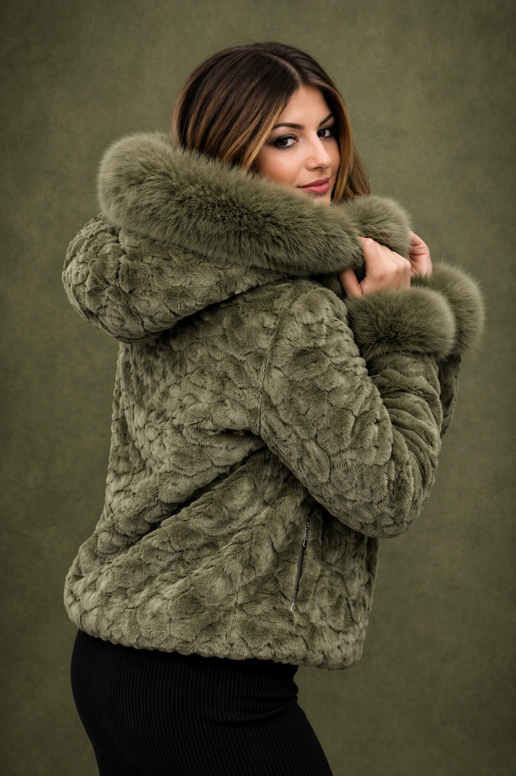 Women’s Olive Green Faux Fur Hooded Jacket