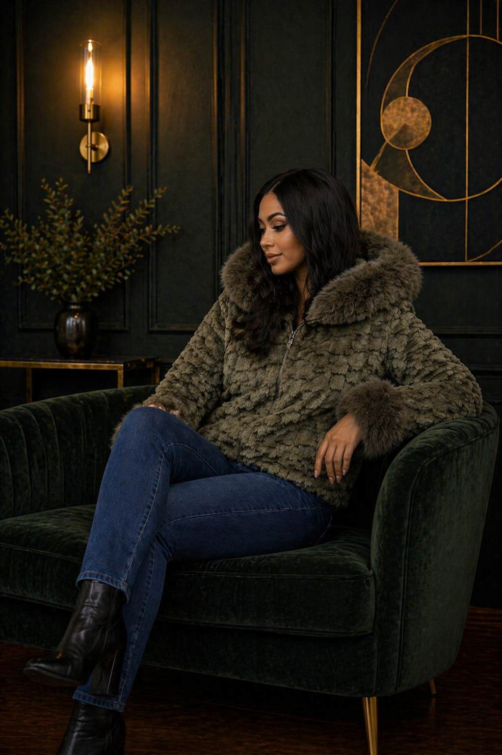 Women’s Olive Green Faux Fur Hooded Jacket