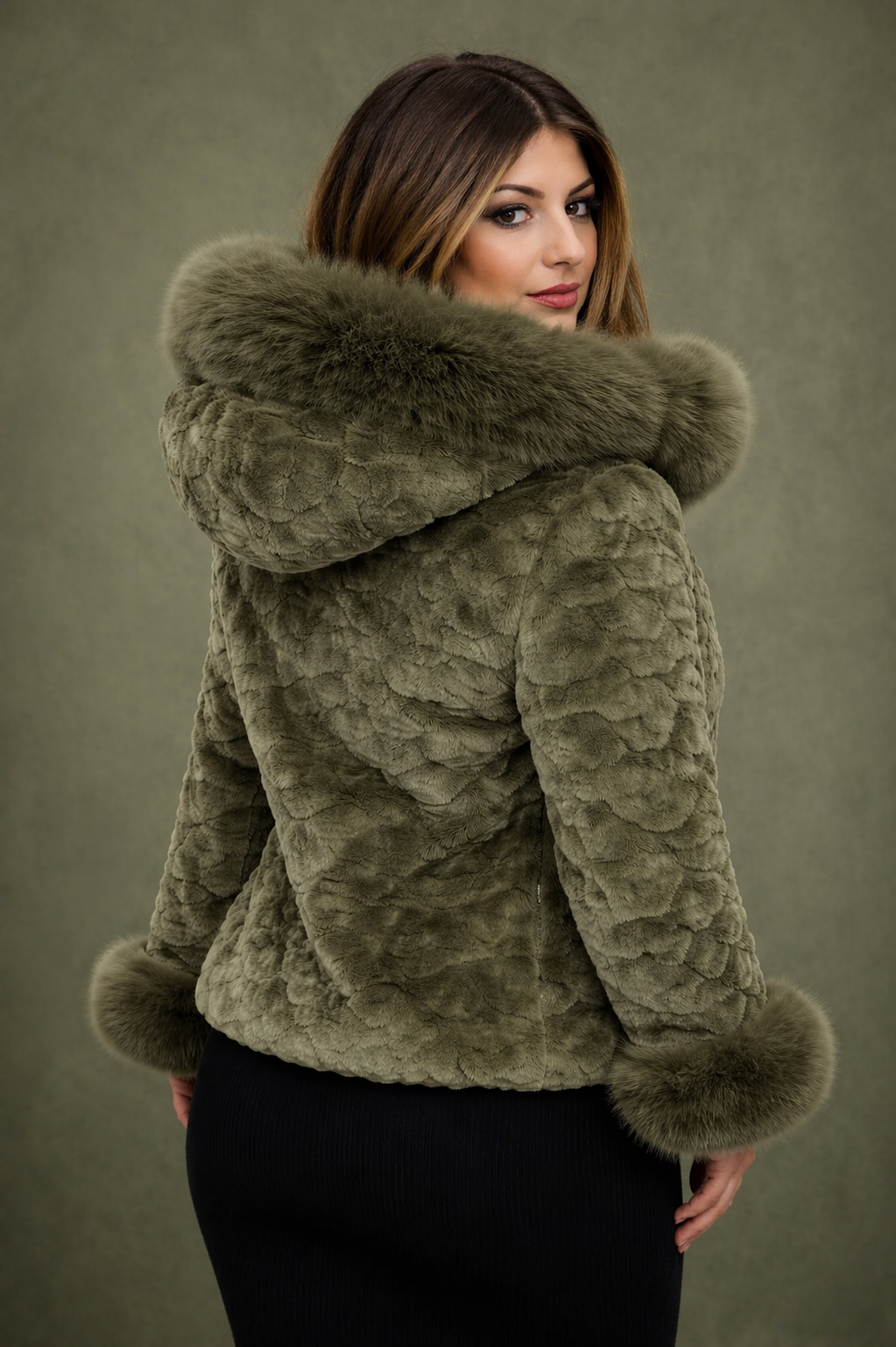 Women’s Olive Green Faux Fur Hooded Jacket