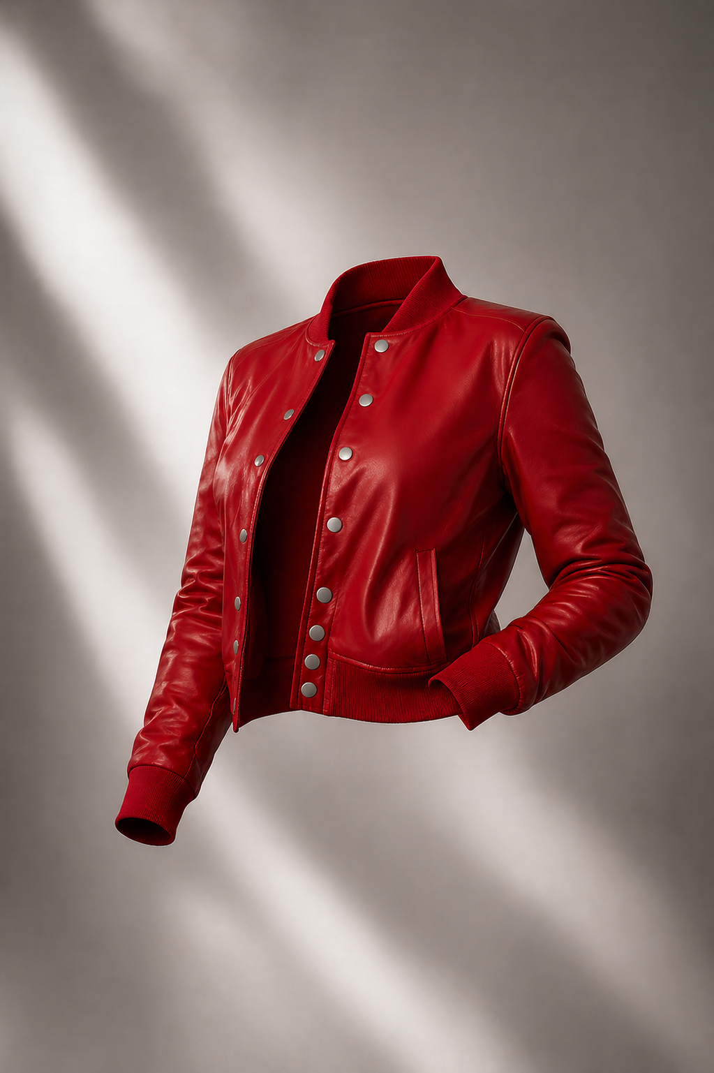 Women’s Red Leather Baseball Bomber Jacket