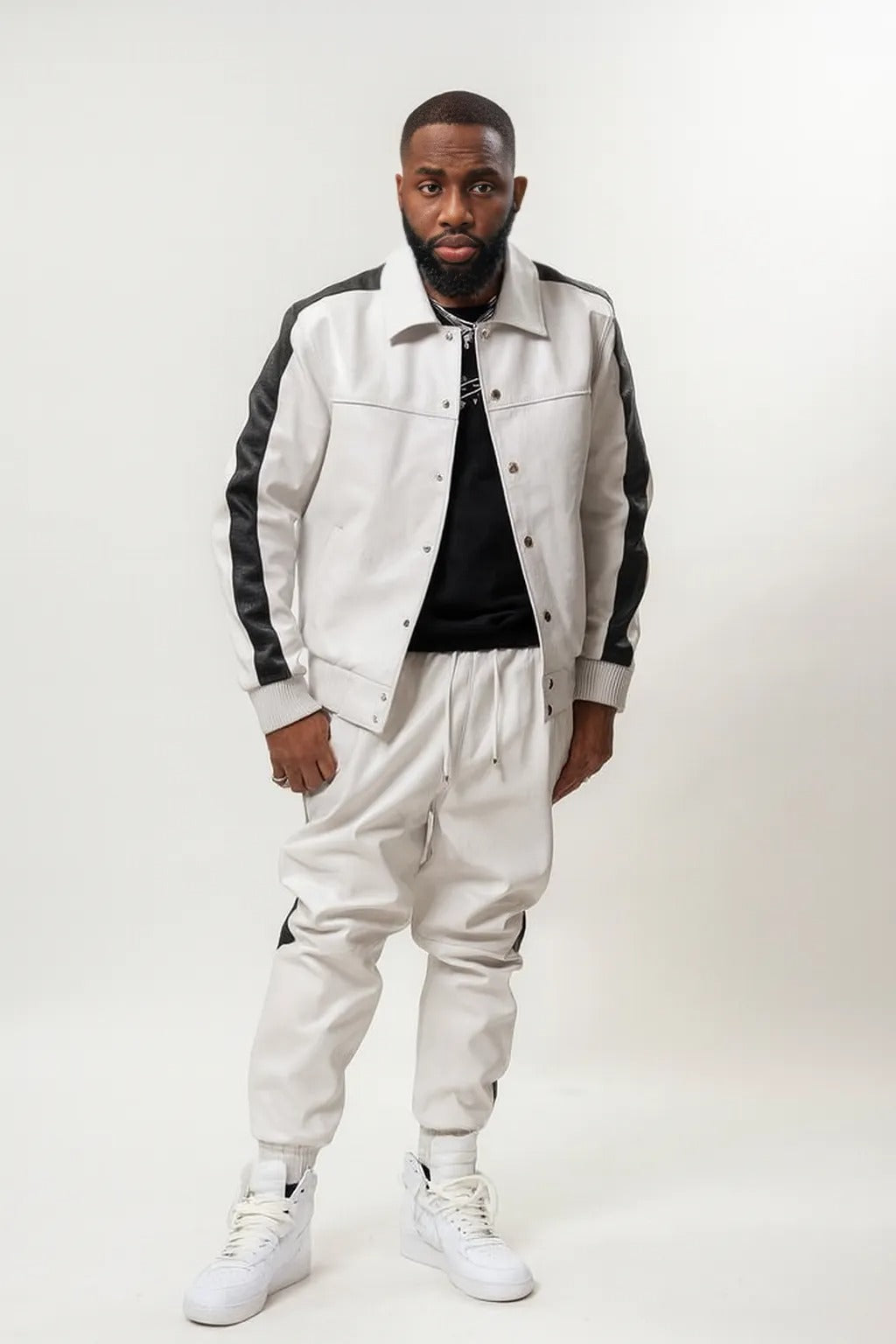 Men's Leather Track Suit Sweatsuit [White/Black]