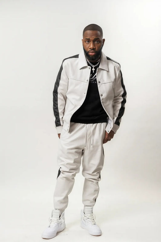Men's Leather Track Suit Sweatsuit [White/Black]