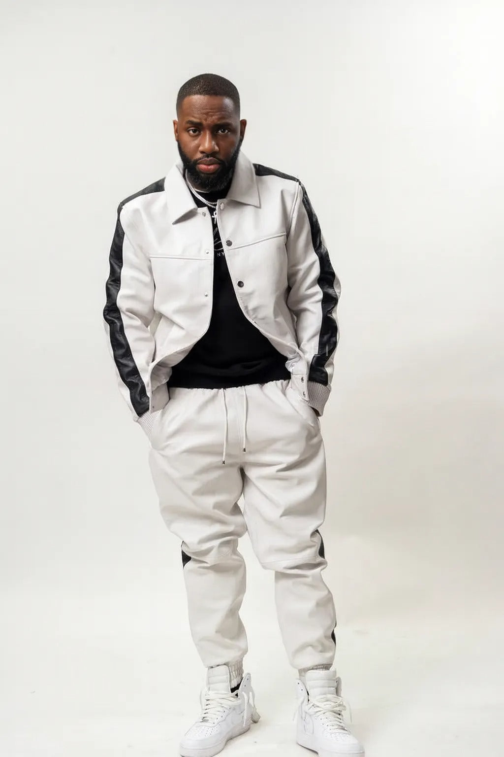 Men's Leather Track Suit Sweatsuit [White/Black]