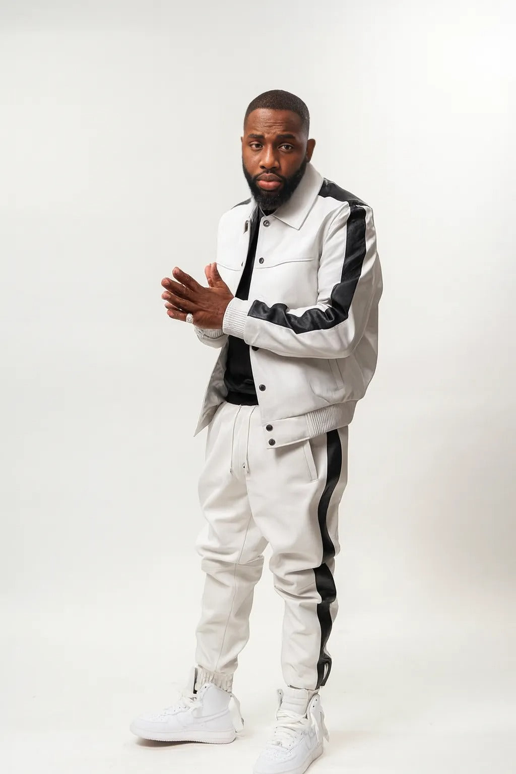 Men's Leather Track Suit Sweatsuit [White/Black]