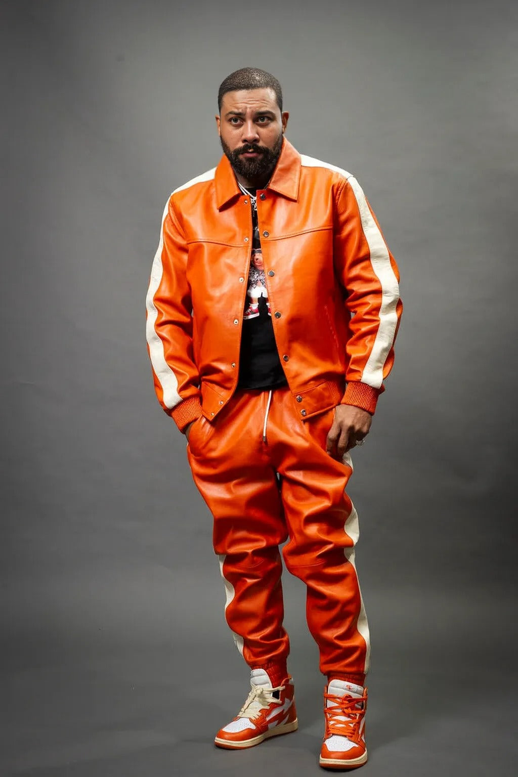 Men's Leather Track Suit Sweatsuit [Orange/Beige]
