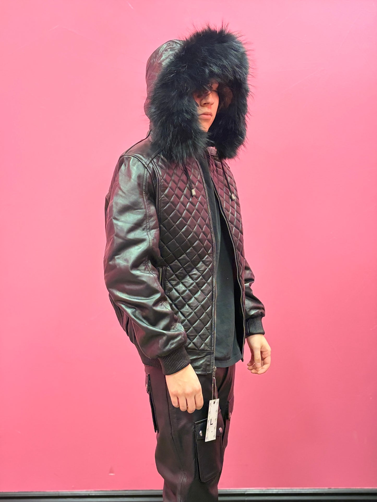 Men’s Diamond Quilted Leather Bomber Jacket with Hood