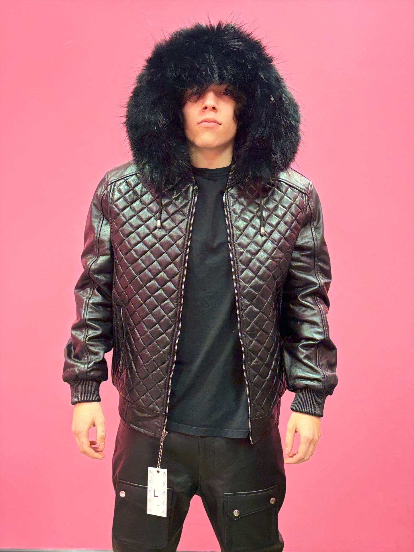 Men’s Diamond Quilted Leather Bomber Jacket with Hood