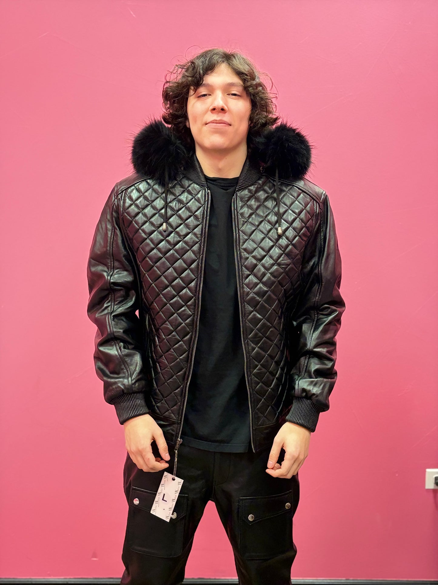 Men’s Diamond Quilted Leather Bomber Jacket with Hood