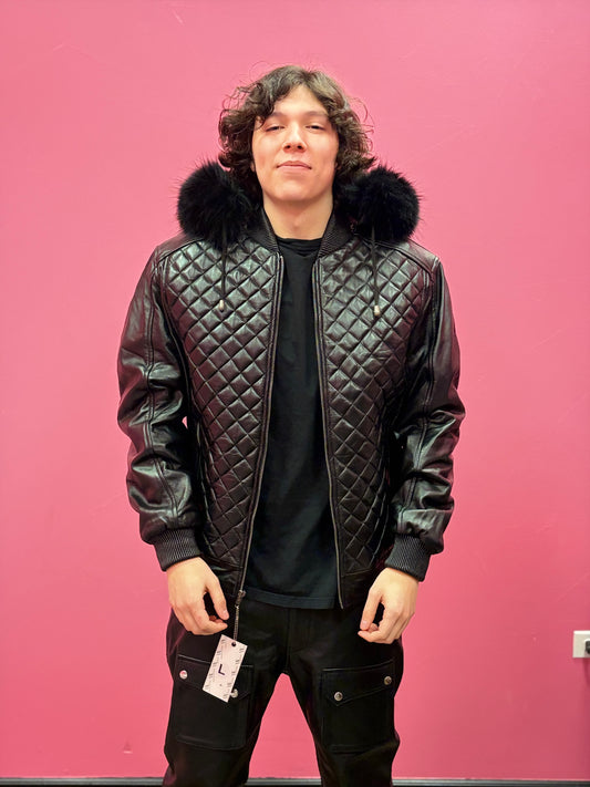 Men’s Diamond Quilted Leather Bomber Jacket with Hood