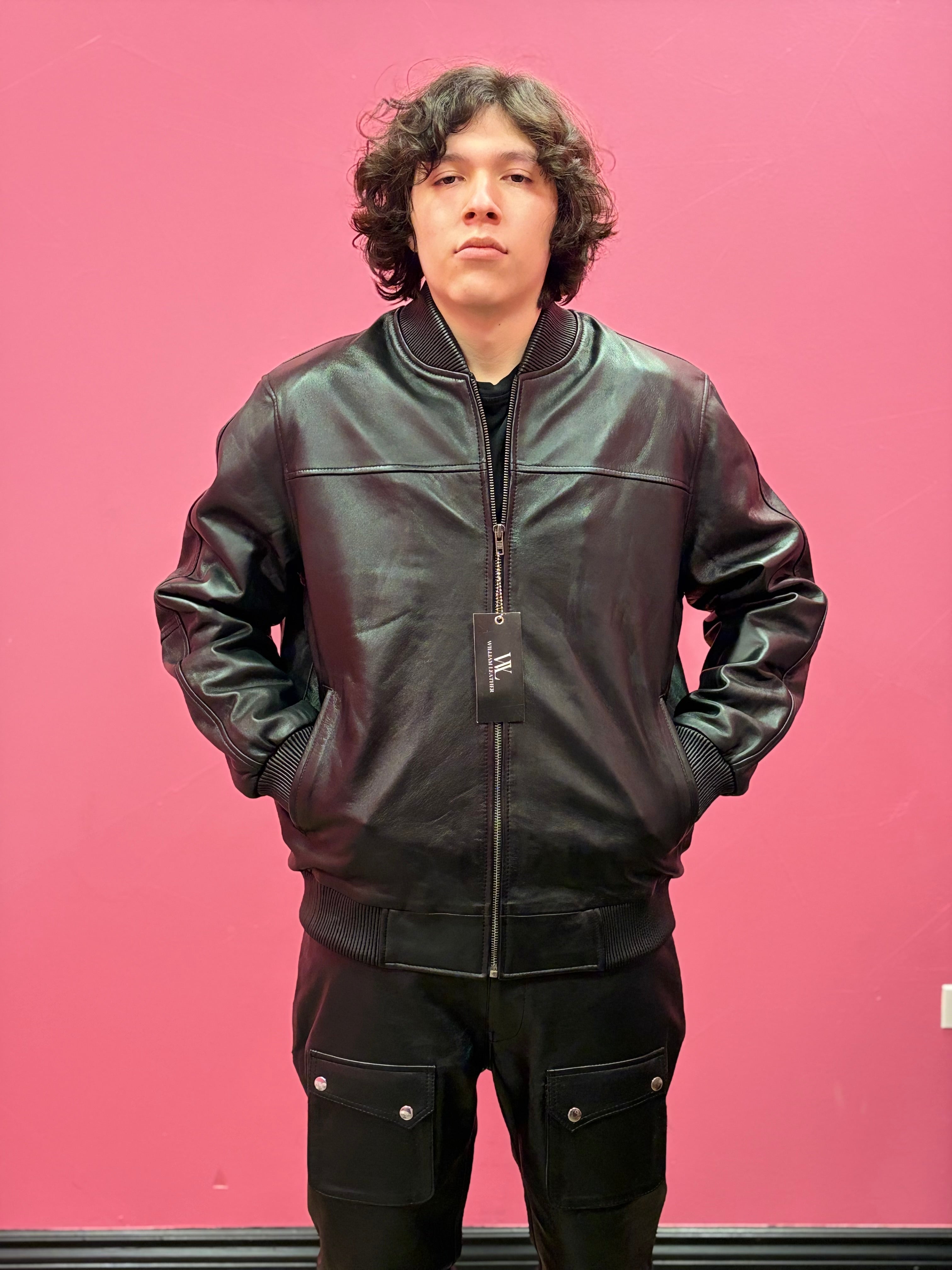 Men’s Black Leather Baseball Bomber Jacket