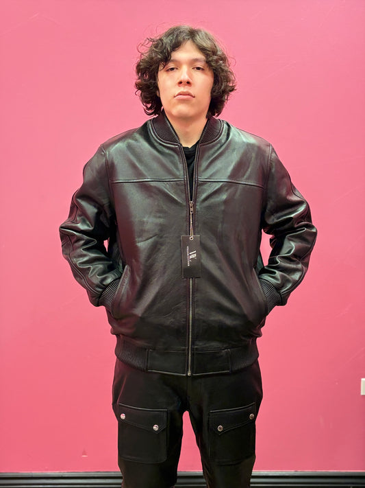 Men’s Black Leather Baseball Bomber Jacket