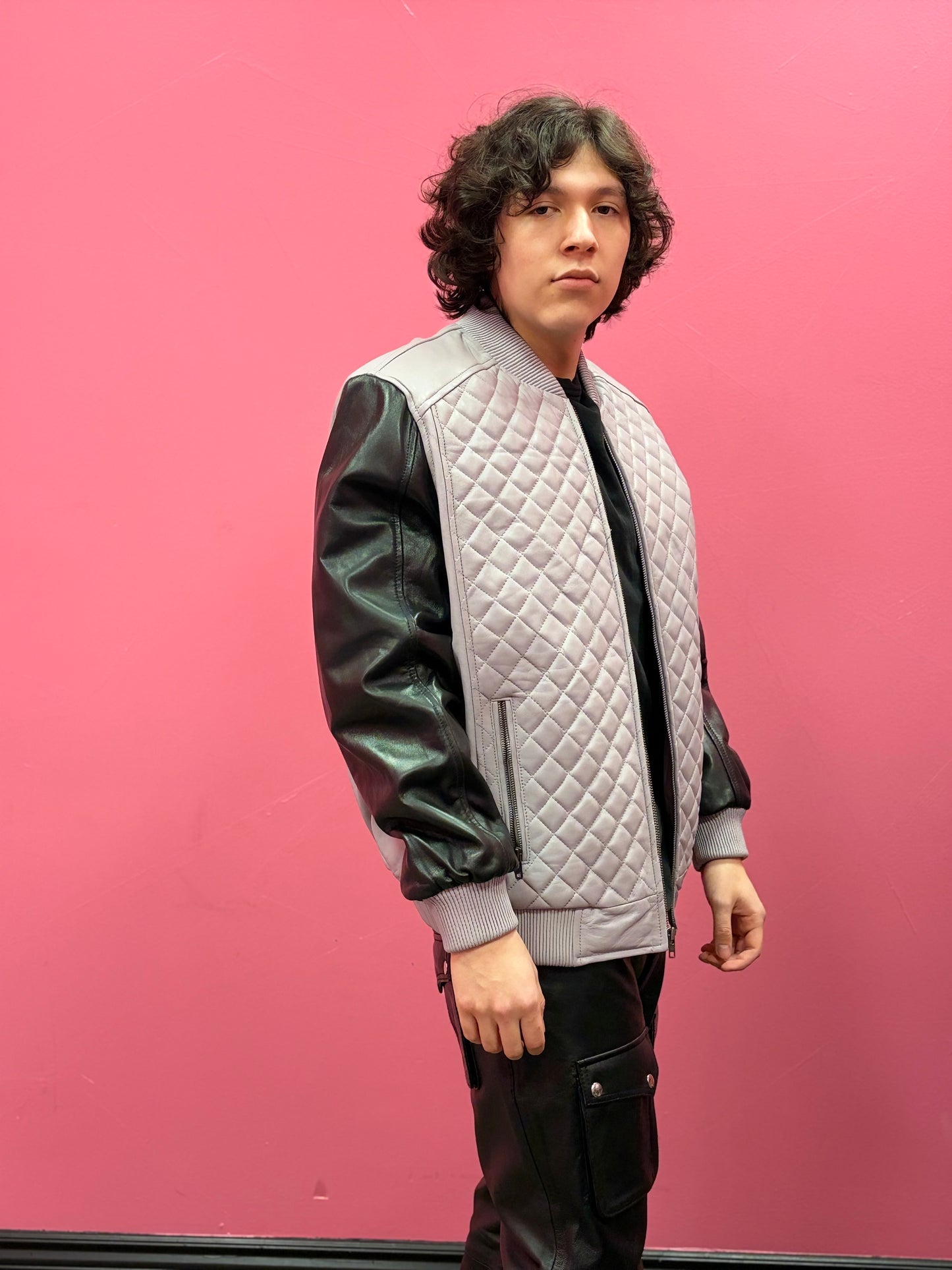 Men's Lucas Quilted Leather Bomber Jacket [Smoke Grey]