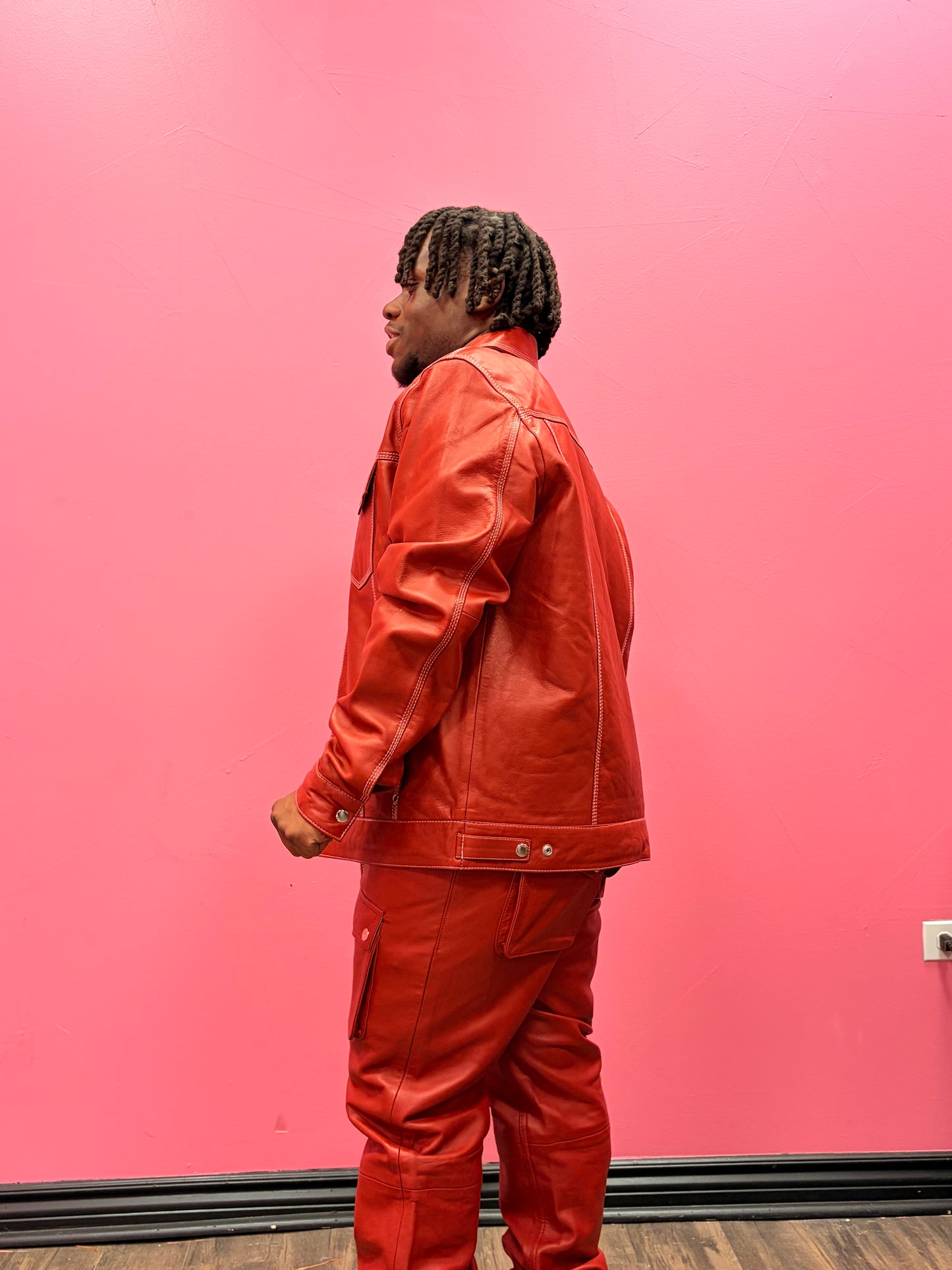 Men's Leather Jean Levi's Jacket And Cargo Pants Set [RED]