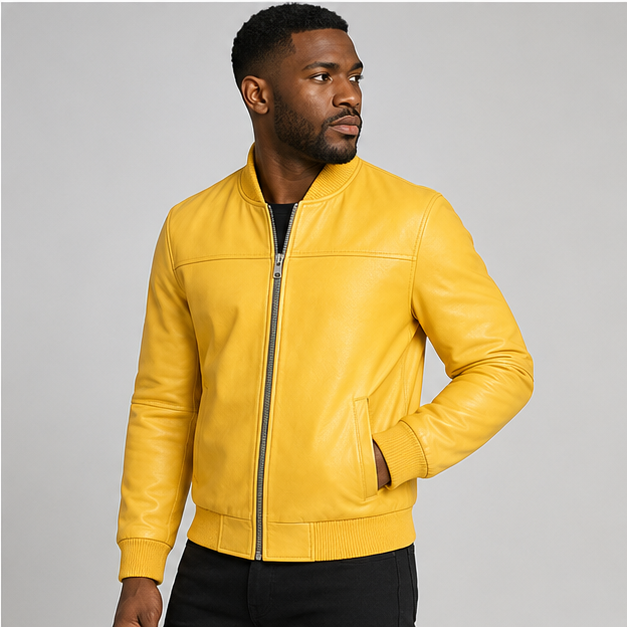 Men’s Yellow Leather Bomber Jacket