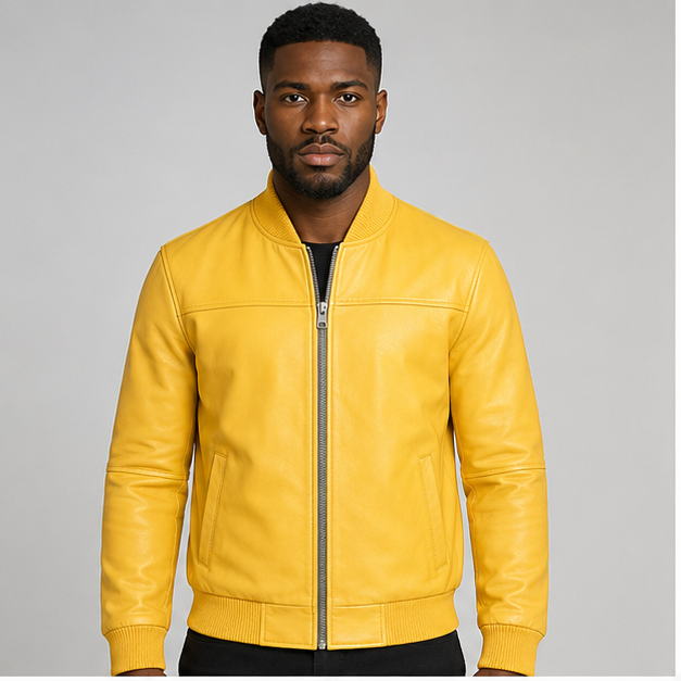 Men’s Yellow Leather Bomber Jacket