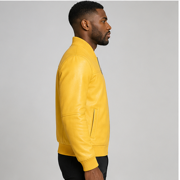 Men’s Yellow Leather Bomber Jacket
